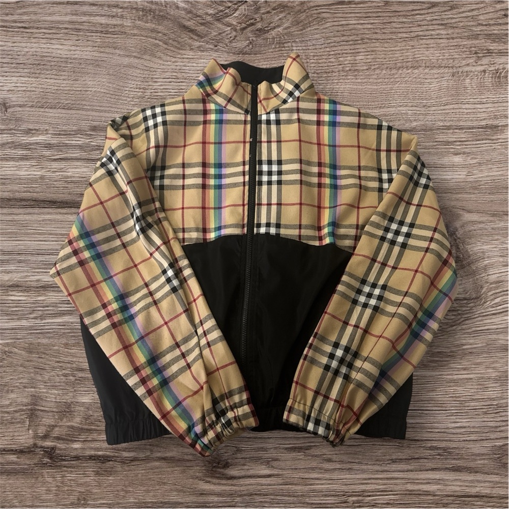 Plaid and Black Zip-Up Jacket